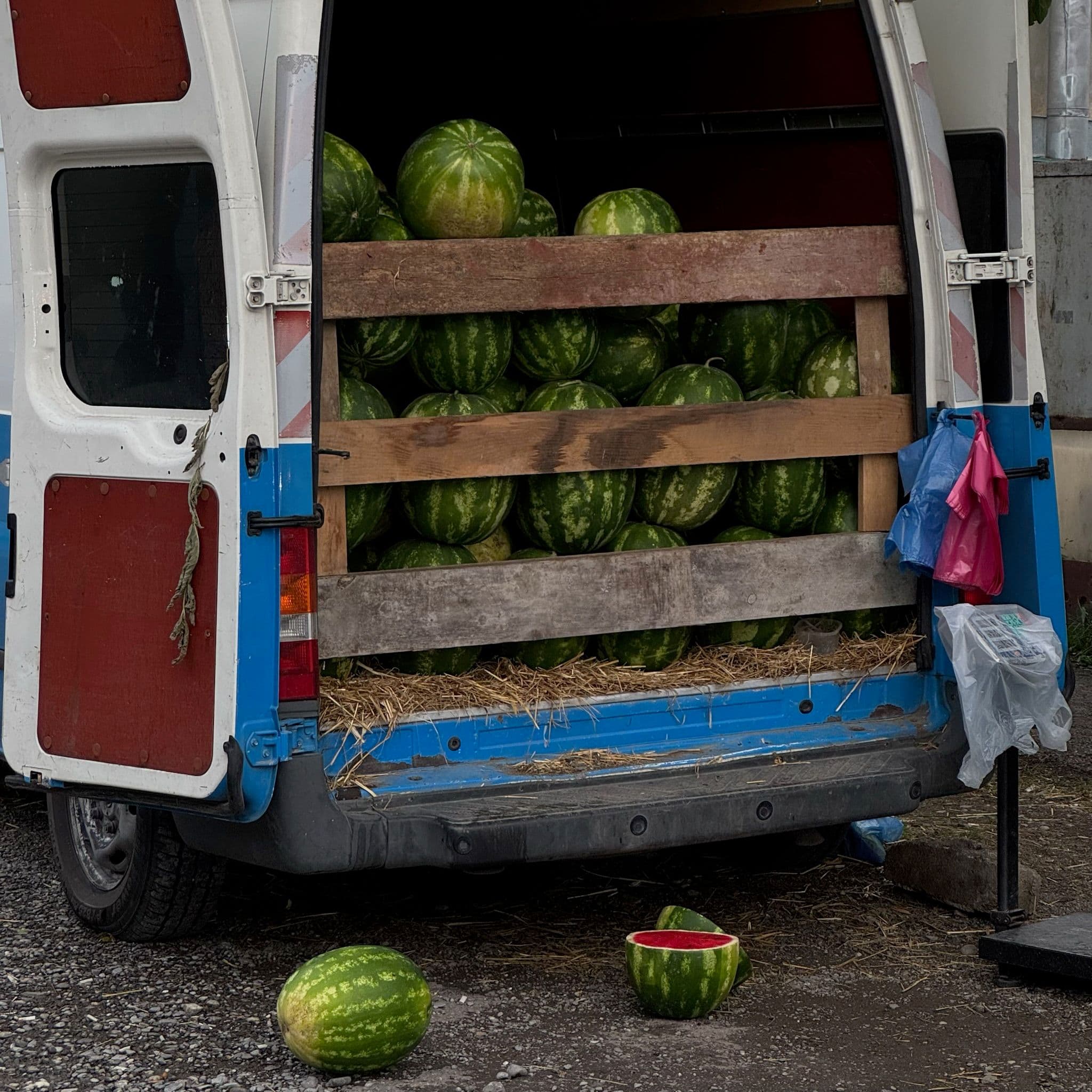One of the very many trucks overflowing with watermelons along our route